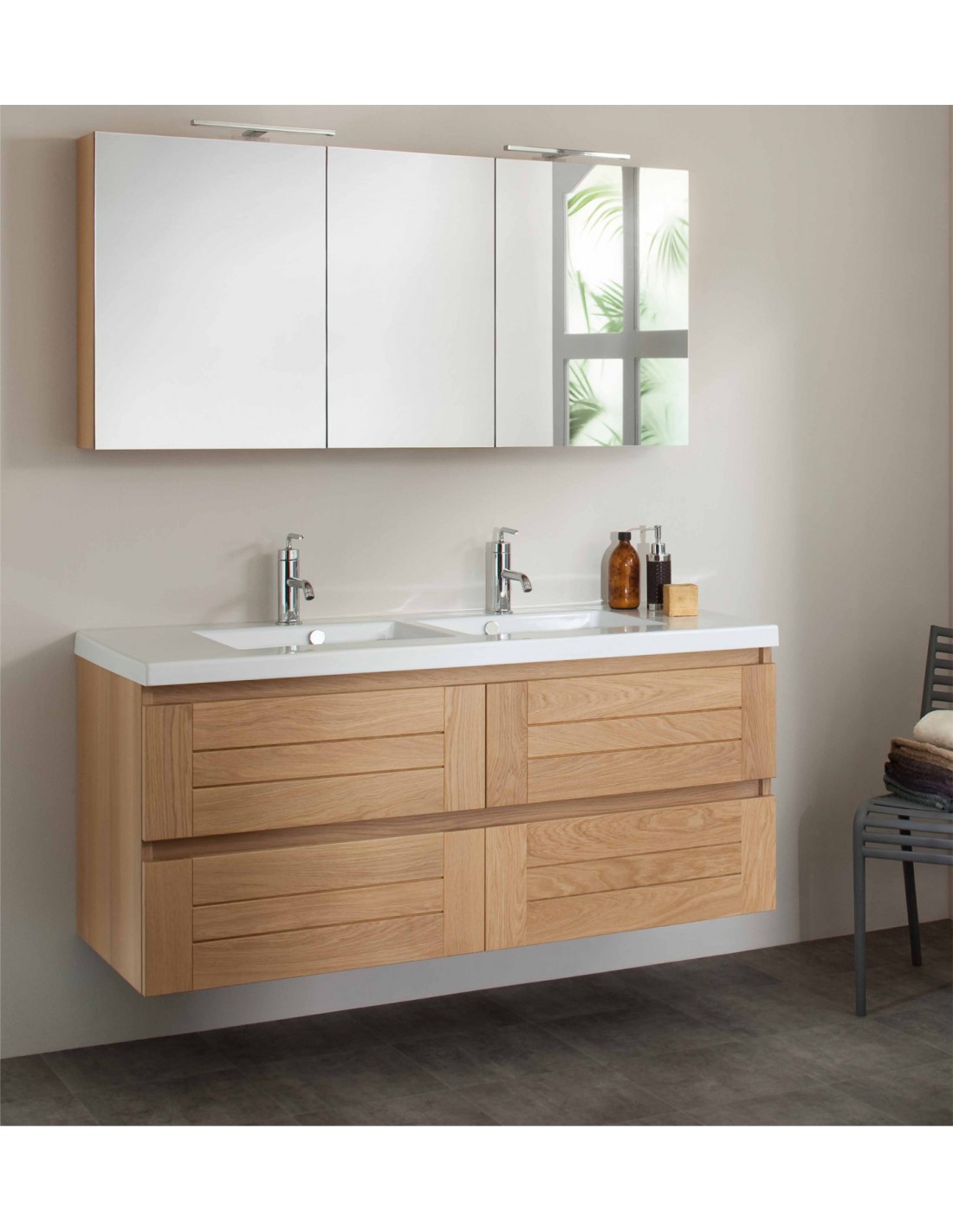 Meuble 140 cm 2 vasques table noire + armoire de toilette Bois Massif